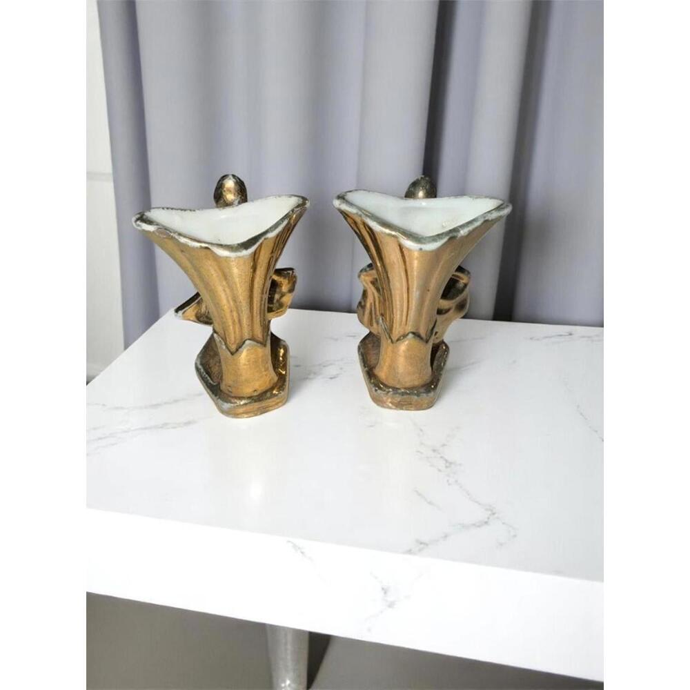 2 Miniature Porcelain Bud Vases Gold Color with a French Couple 2.5" Japan - Picture 3 of 8